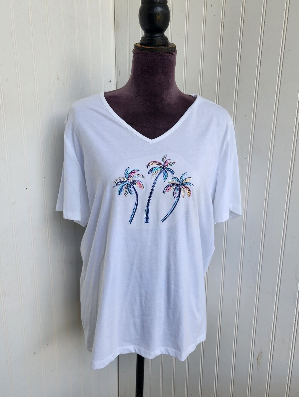 Coral Bay Shirt Womens Rhinestone Beaded Palm Trees Short Sleeve Pullover Top XL